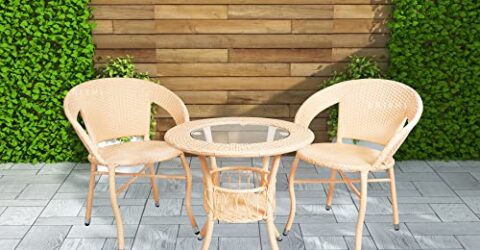 BRISHI Garden Patio Seating Chair and Table Set Outdoor Balcony Garden Coffee Table Set Furniture with 1 Table and 2 Chairs Set (Cream)