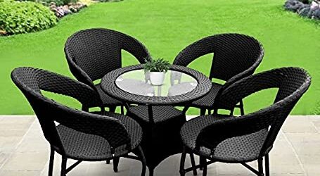 CORAZZIN Garden Patio Seating Chair and Table Set Outdoor Balcony Garden Coffee Table Set Furniture with 1 Table and 4 Chairs Set (Black)