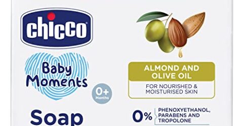 Chicco Baby Moments Soap, New Advanced Formula with Natural Ingredients, Suitable for Baby’s Gentle Skin, Moisturizing & Hydrating Formula, No Phenoxyethanol and Parabens (75g 3 + 1)